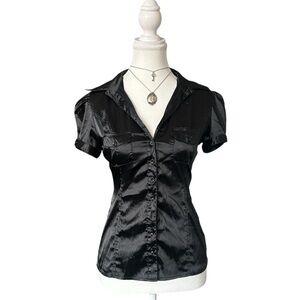Y2K “Seductions” Black Shiny Button-up Short Sleeve Blouse Top